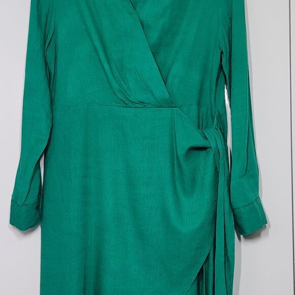 Rachel Zoe Wrap Dress Women's Size 6 Green Linen Blend Long Sleeves - Picture 4 of 12
